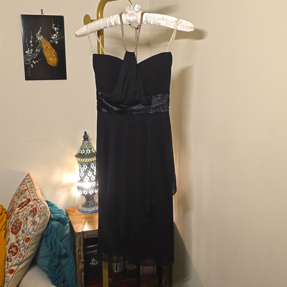 Black chiffon minidress with rose gold chain halter